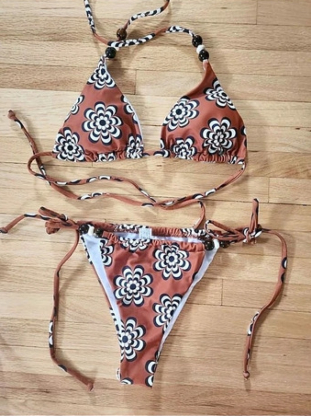 Floral & Bead Bikini Set in Brown & White Size Small NWT